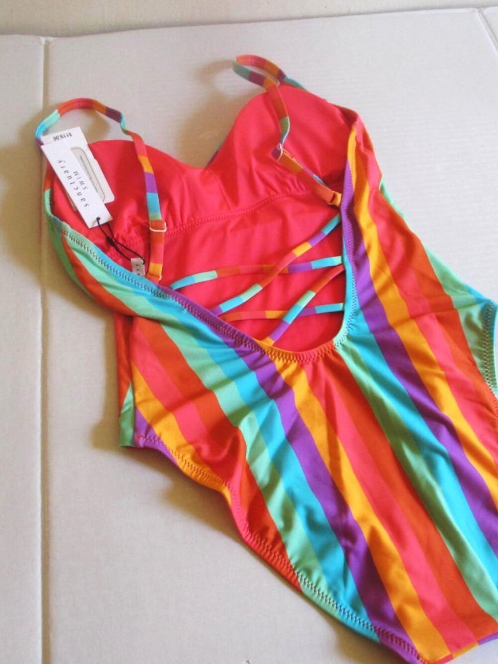 Sanctuary Strappy-Back High-Leg One Piece Swimsuit SMALL Striped Multi $119 - Picture 7 of 10